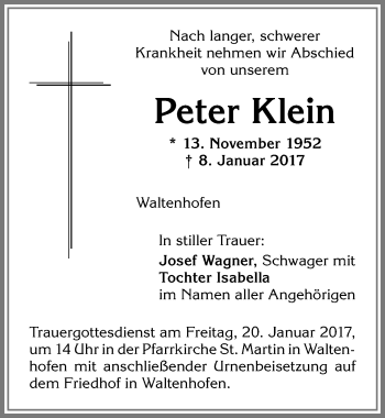 Traueranzeige von Peter Klein von Allgäuer Zeitung,Kempten