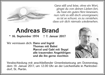 Traueranzeige von Andreas Brand von Allgäuer Zeitung, Marktoberdorf