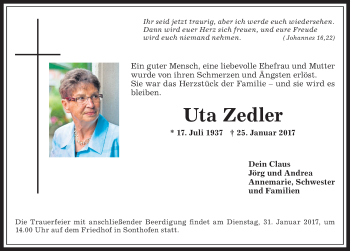 Traueranzeige von Uta Zedler von Allgäuer Anzeigeblatt