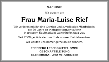Traueranzeige von Maria-Luise Rief von Allgäuer Zeitung,Kempten