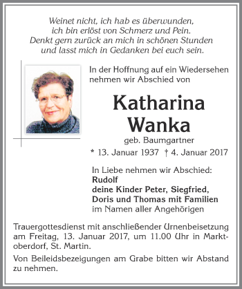 Traueranzeige von Katharina Wanka von Allgäuer Zeitung, Marktoberdorf
