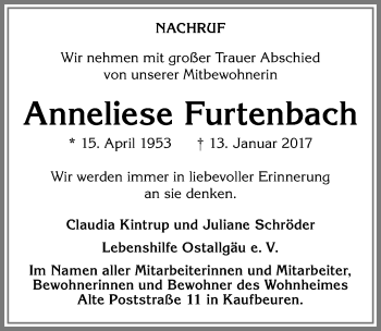 Traueranzeige von Anneliese Furtenbach von Allgäuer Zeitung