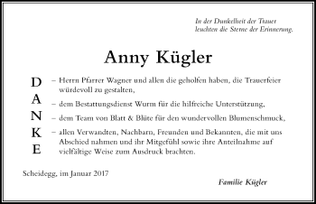Traueranzeige von Anny Kügler von Der Westallgäuer