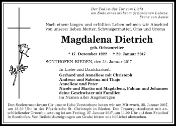 Traueranzeige von Magdalena Dietrich von Allgäuer Anzeigeblatt