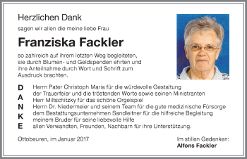 Traueranzeige von Franziska Fackler von Memminger Zeitung