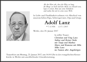 Traueranzeige von Adolf Lanz von Der Westallgäuer
