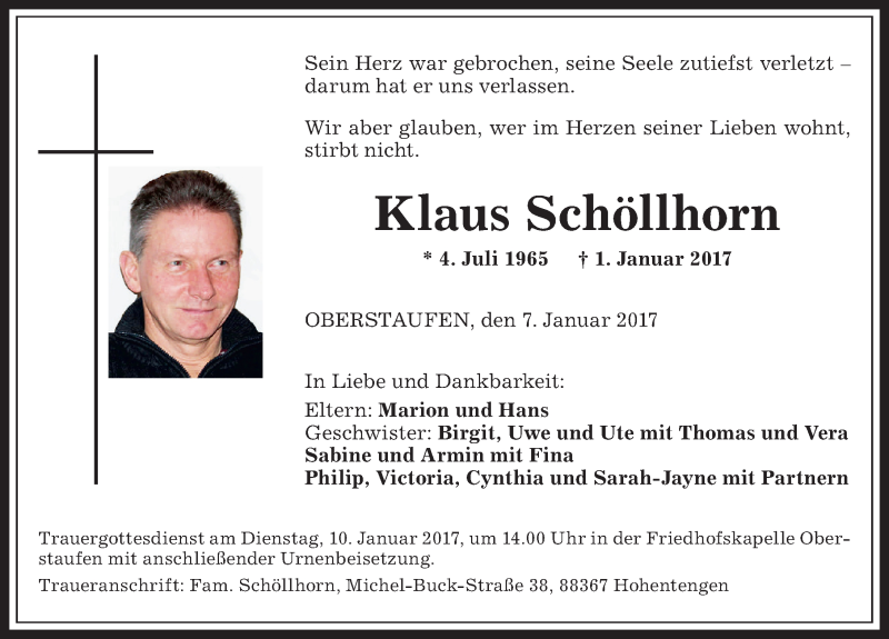 Traueranzeige für Klaus Schöllhorn vom 07.01.2017 aus Allgäuer Anzeigeblatt