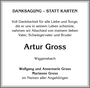 Traueranzeige von Artur Gross von Allgäuer Zeitung,Kempten