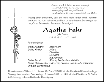 Traueranzeige von Agathe Fehr von Der Westallgäuer