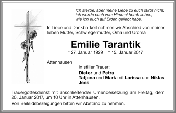 Traueranzeige von Emilie Tarantik von Memminger Zeitung