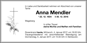 Traueranzeige von Anna Mendler von Memminger Zeitung