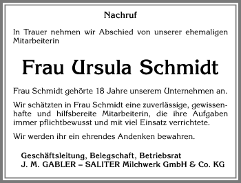 Traueranzeige von Ursula Schmidt von Allgäuer Zeitung, Marktoberdorf