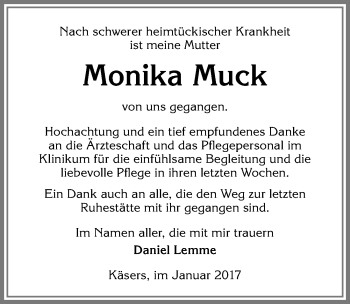 Traueranzeige von Monika Muck von Allgäuer Zeitung,Kempten