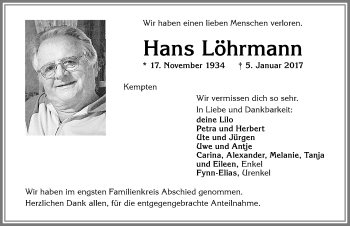 Traueranzeige von Hans Löhrmann von Allgäuer Zeitung,Kempten