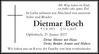 Traueranzeige von Dietmar Boch von Der Westallgäuer