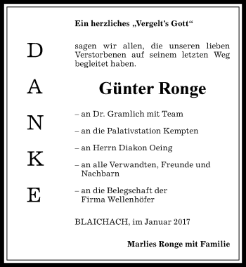 Traueranzeige von Günter Ronge von Allgäuer Anzeigeblatt