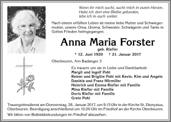 Traueranzeige von Anna Maria Forster von Allgäuer Zeitung, Kaufbeuren/Buchloe