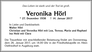 Traueranzeige von Veronika Hörl von Allgäuer Zeitung,Kempten