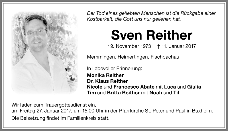  Traueranzeige für Sven Reither vom 21.01.2017 aus Memminger Zeitung