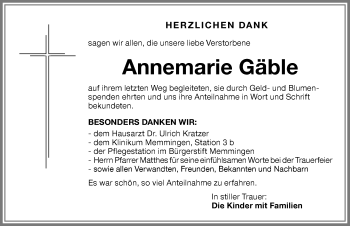 Traueranzeige von Annemarie Gäble von Memminger Zeitung