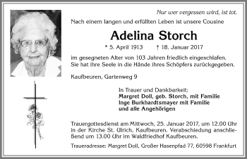 Traueranzeige von Adelina Storch von Allgäuer Zeitung, Kaufbeuren/Buchloe