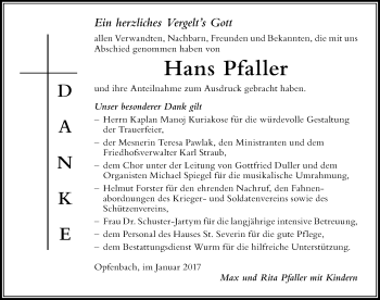 Traueranzeige von Hans Pfaller von Der Westallgäuer