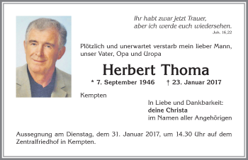 Traueranzeige von Herbert Thoma von Allgäuer Zeitung,Kempten