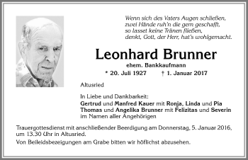 Traueranzeige von Leonhard Brunner von Allgäuer Zeitung,Kempten