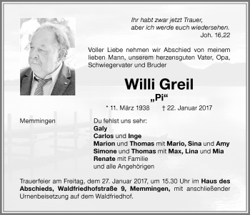 Traueranzeige von Willi Greil von Memminger Zeitung