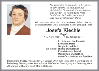 Traueranzeige von Josefa Kiechle von Allgäuer Zeitung,Kempten