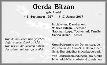 Traueranzeige von Gerda Bitzan von Allgäuer Zeitung, Marktoberdorf