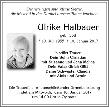 Traueranzeige von Ulrike Halbauer von Allgäuer Zeitung,Kempten