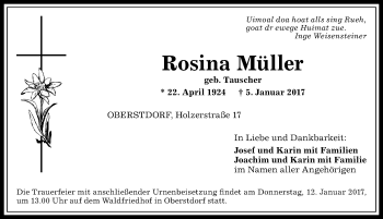 Traueranzeige von Rosina Müller von Allgäuer Anzeigeblatt