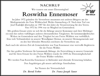 Traueranzeige von Roswitha Ennemoser von Der Westallgäuer