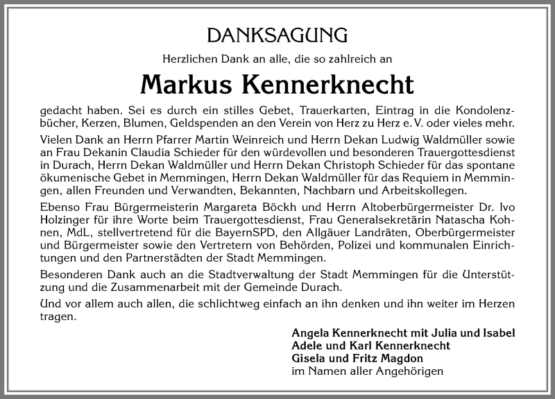  Traueranzeige für Markus Kennerknecht vom 21.01.2017 aus Allgäuer Zeitung, Gesamtausgabe