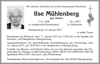 Traueranzeige von Ilse Mühlenberg von Allgäuer Zeitung, Marktoberdorf