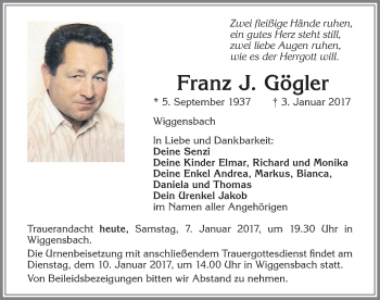 Traueranzeige von Franz J. Gögler von Allgäuer Zeitung,Kempten
