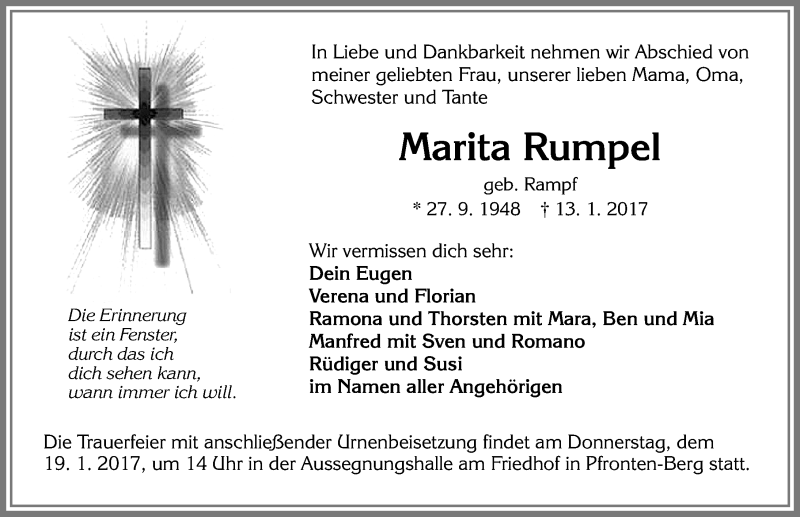  Traueranzeige für Marita Rumpel vom 16.01.2017 aus Allgäuer Zeitung, Füssen