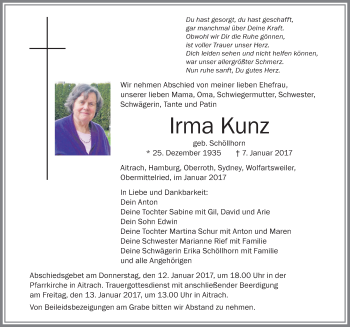 Traueranzeige von Irma Kunz von Memminger Zeitung