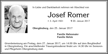 Traueranzeige von Josef Romer von Allgäuer Zeitung, Marktoberdorf