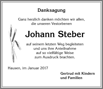 Traueranzeige von Johann Steber von Allgäuer Zeitung, Kaufbeuren/Buchloe