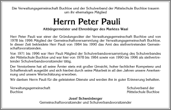 Traueranzeige von Peter Pauli von Allgäuer Zeitung, Kaufbeuren/Buchloe