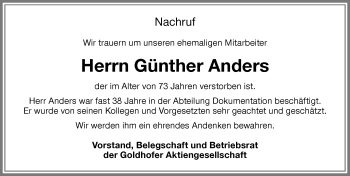Traueranzeige von Günther Anders von Memminger Zeitung