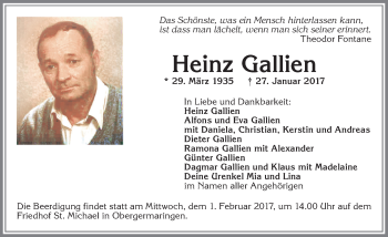 Traueranzeige von Heinz Gallien von Allgäuer Zeitung, Kaufbeuren/Buchloe