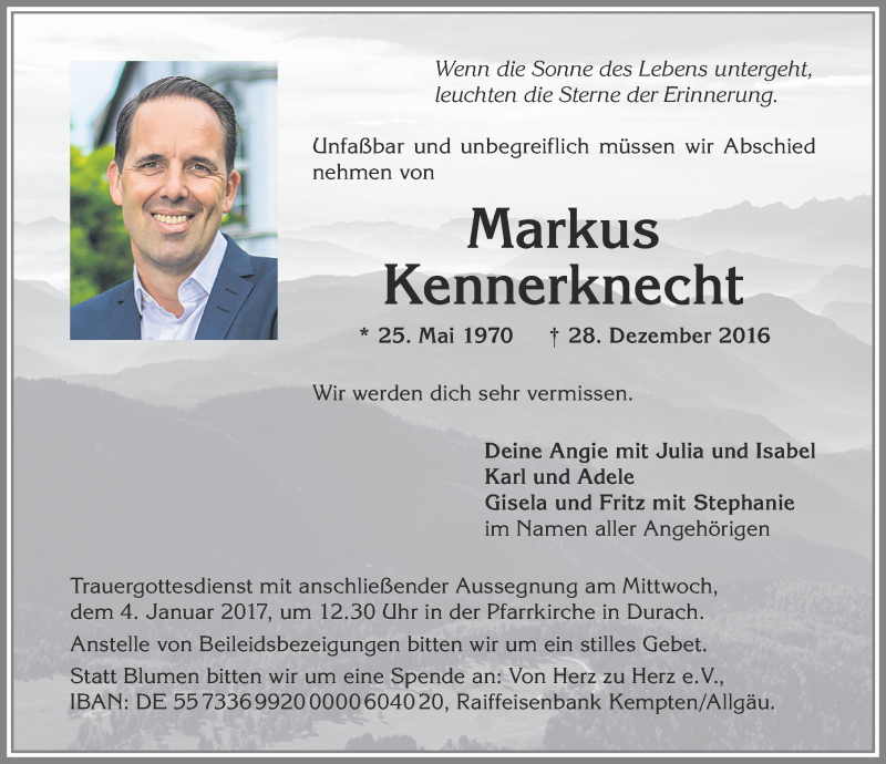  Traueranzeige für Markus Kennerknecht vom 02.01.2017 aus Allgäuer Zeitung, Gesamtausgabe