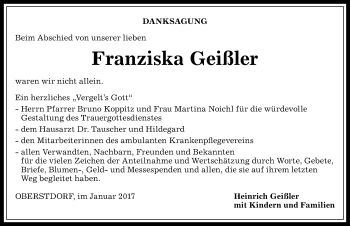 Traueranzeige von Franziska Geißler von Allgäuer Anzeigeblatt
