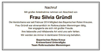 Traueranzeige von Silvia Gründl von Memminger Zeitung