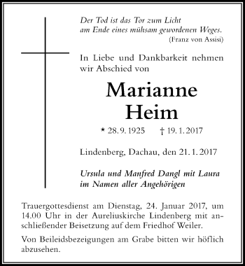 Traueranzeige von Marianne Heim von Der Westallgäuer