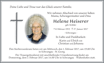 Traueranzeige von Helene Heiserer von Allgäuer Zeitung, Füssen