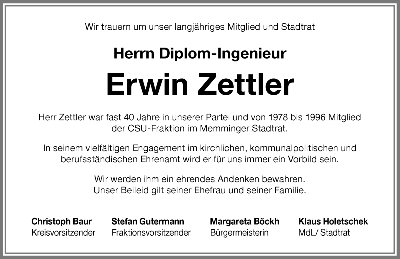  Traueranzeige für Erwin Zettler vom 20.01.2017 aus Memminger Zeitung